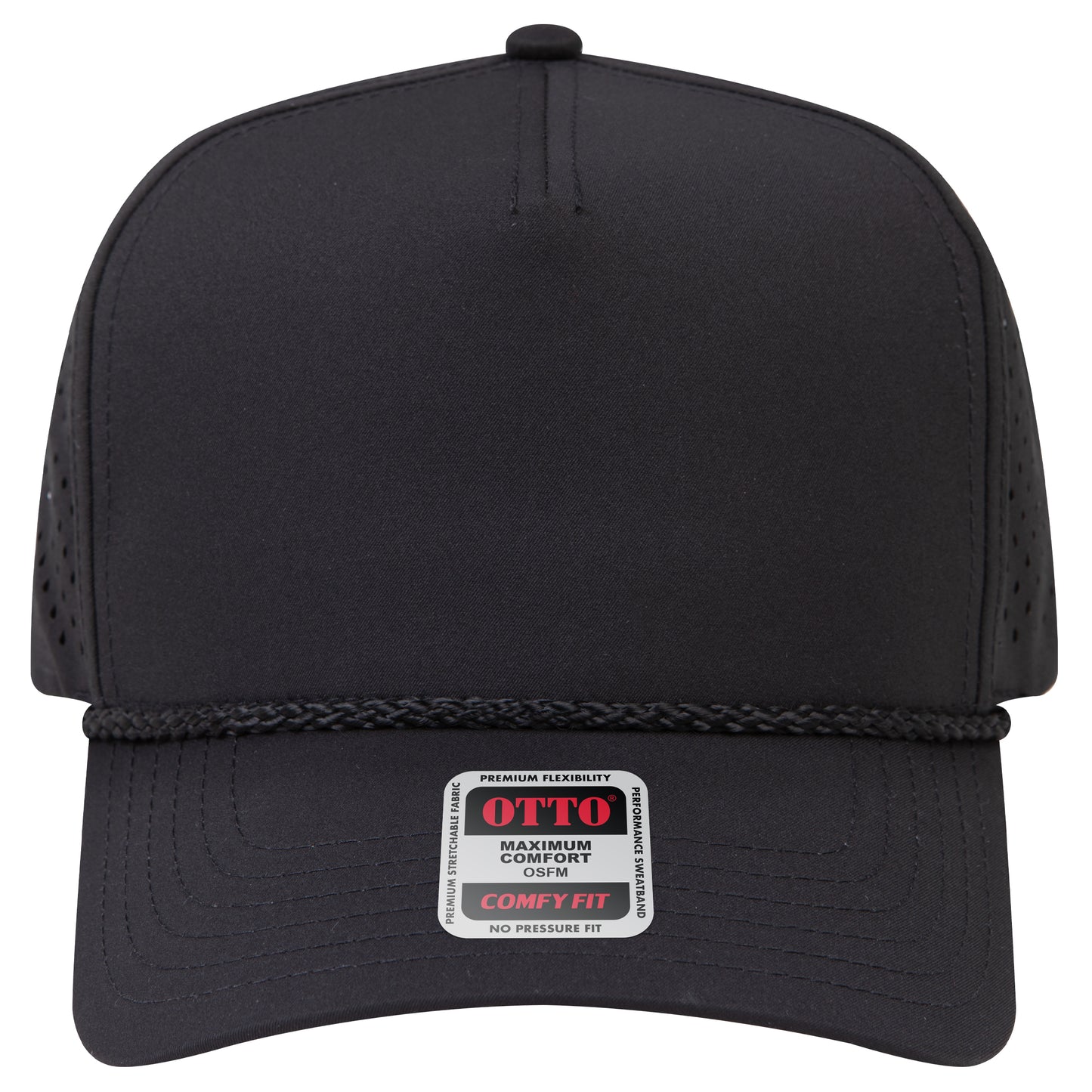 5-Panel Mid Profile Baseball Cap w/ Perforated — Stretch Comfort Fit — Custom Leather Patch in Black