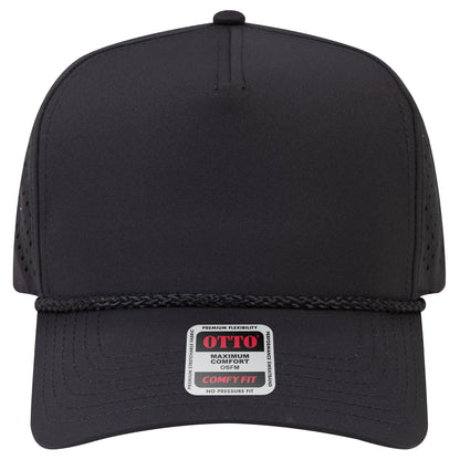 5-Panel Mid Profile Baseball Cap w/ Perforated — Stretch Comfort Fit — Custom Leather Patch in Black