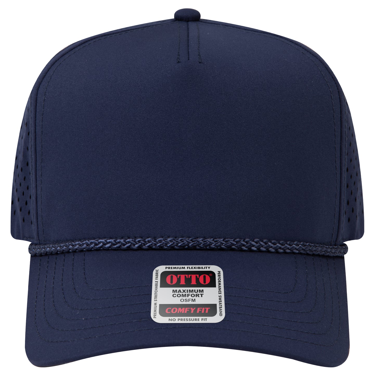 5-Panel Mid Profile Baseball Cap w/ Perforated — Stretch Comfort Fit — Custom Leather Patch in Navy