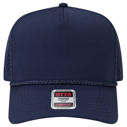 5-Panel Mid Profile Baseball Cap w/ Perforated — Stretch Comfort Fit — Custom Leather Patch in Navy