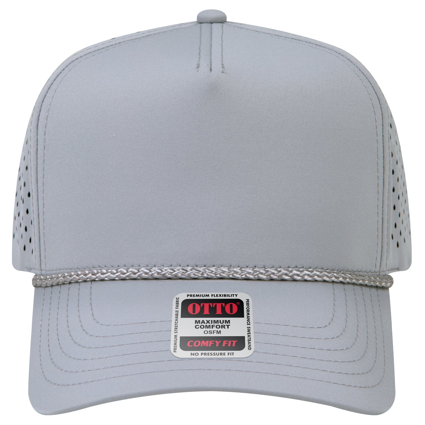 5-Panel Mid Profile Baseball Cap w/ Perforated — Stretch Comfort Fit — Custom Leather Patch in Gray