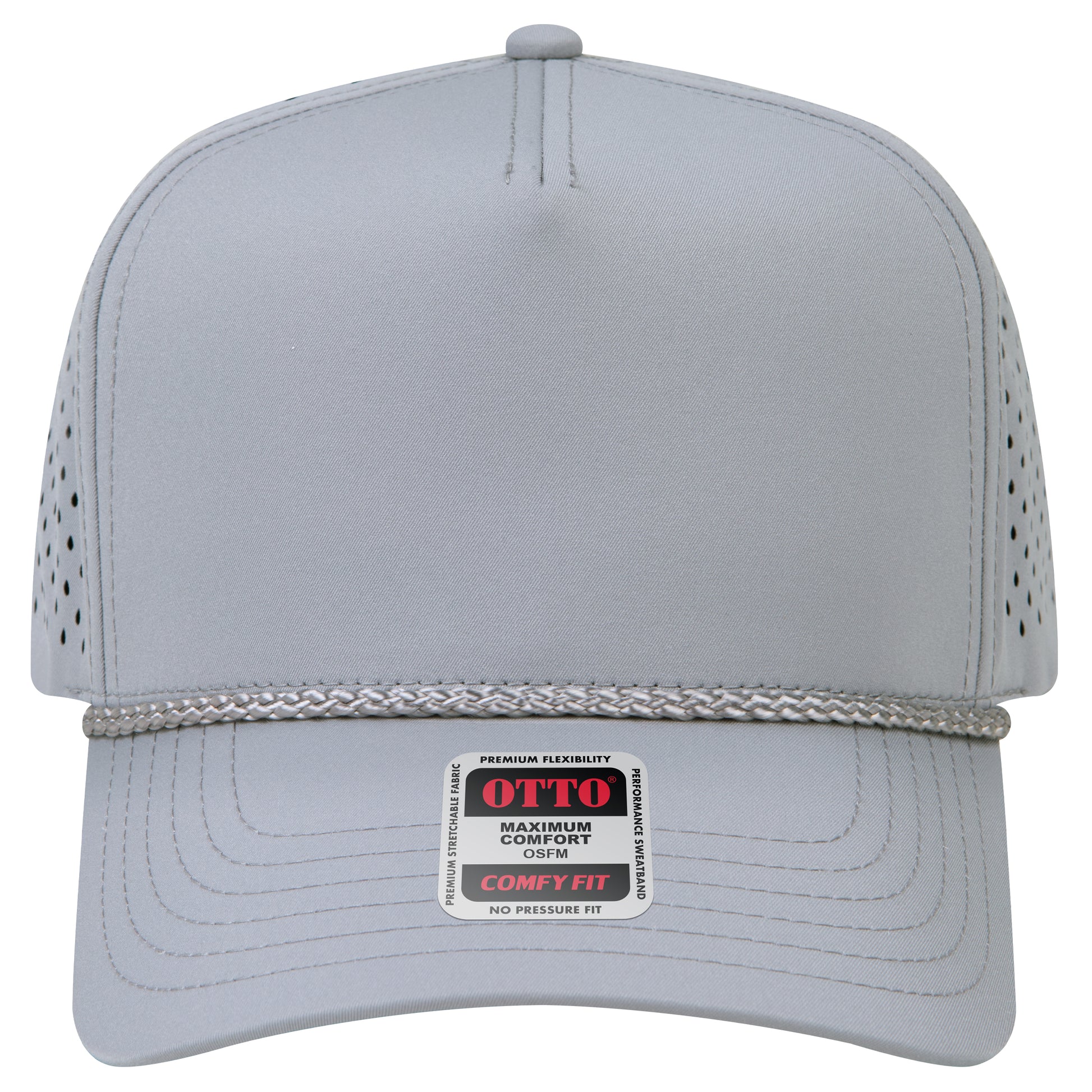 5-Panel Mid Profile Baseball Cap w/ Perforated — Stretch Comfort Fit — Custom Leather Patch in Gray