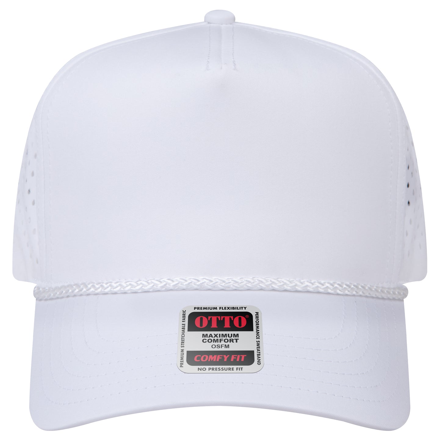 5-Panel Mid Profile Baseball Cap w/ Perforated — Stretch Comfort Fit — Custom Leather Patch in White