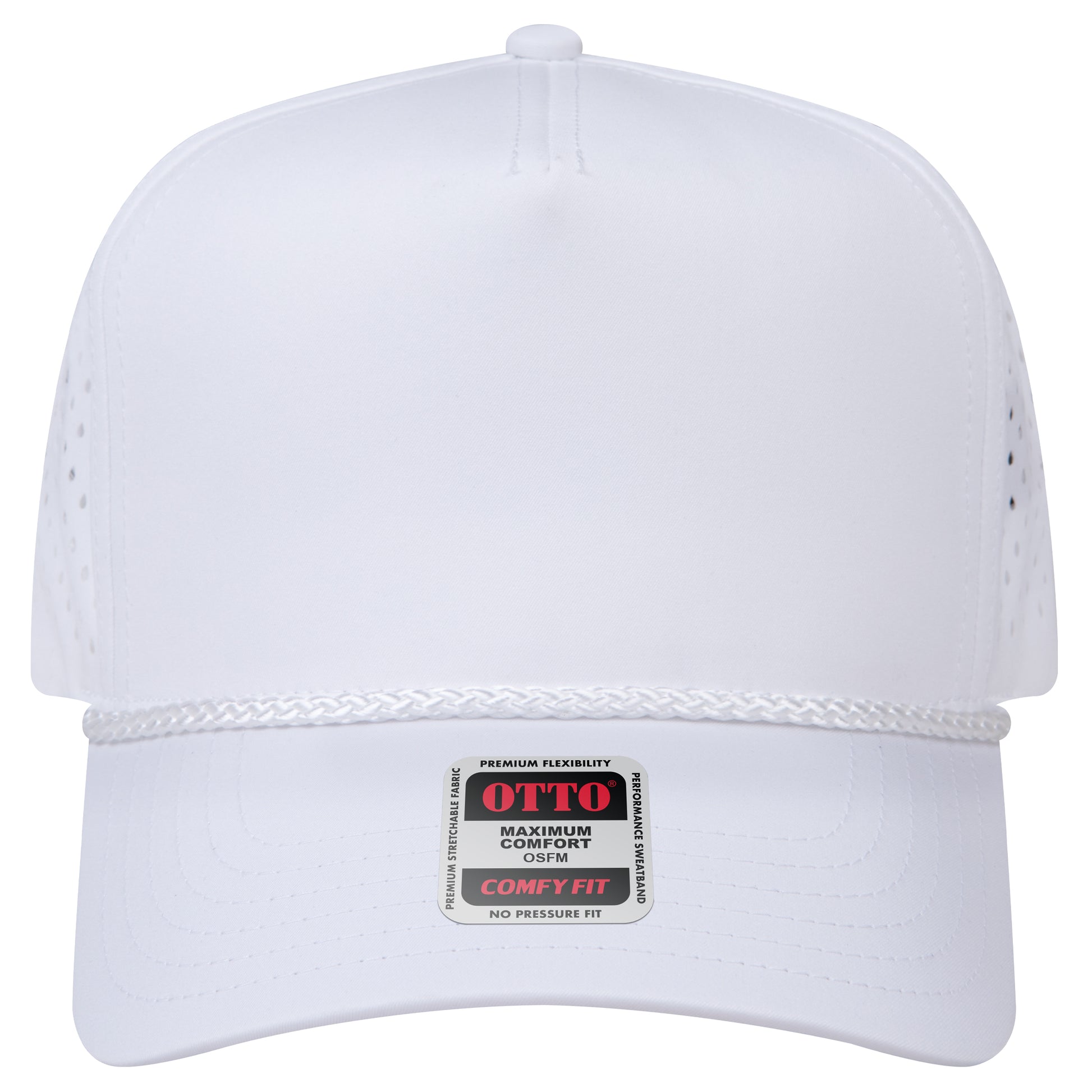 5-Panel Mid Profile Baseball Cap w/ Perforated — Stretch Comfort Fit — Custom Leather Patch in White