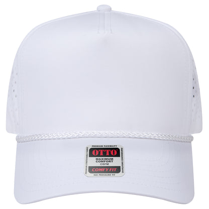 5-Panel Mid Profile Baseball Cap w/ Perforated — Stretch Comfort Fit — Custom Leather Patch in White