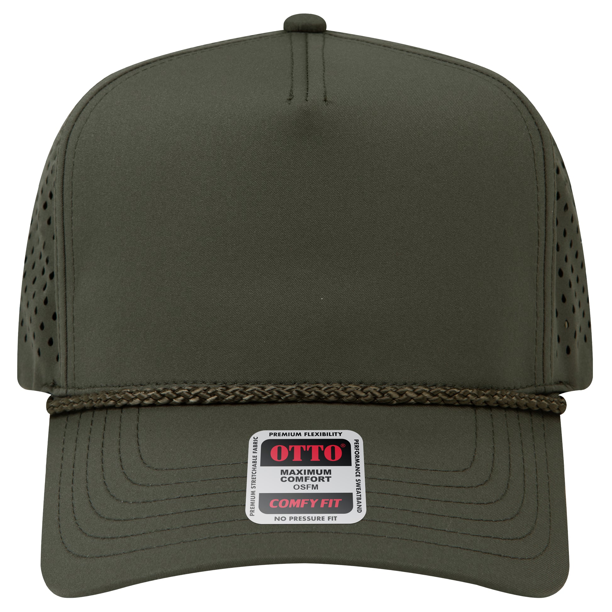 5-Panel Mid Profile Baseball Cap w/ Perforated — Stretch Comfort Fit — Custom Leather Patch in Ol. Gree
