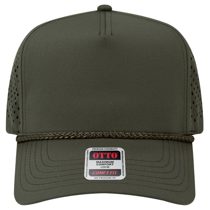 5-Panel Mid Profile Baseball Cap w/ Perforated — Stretch Comfort Fit — Custom Leather Patch in Ol. Gree
