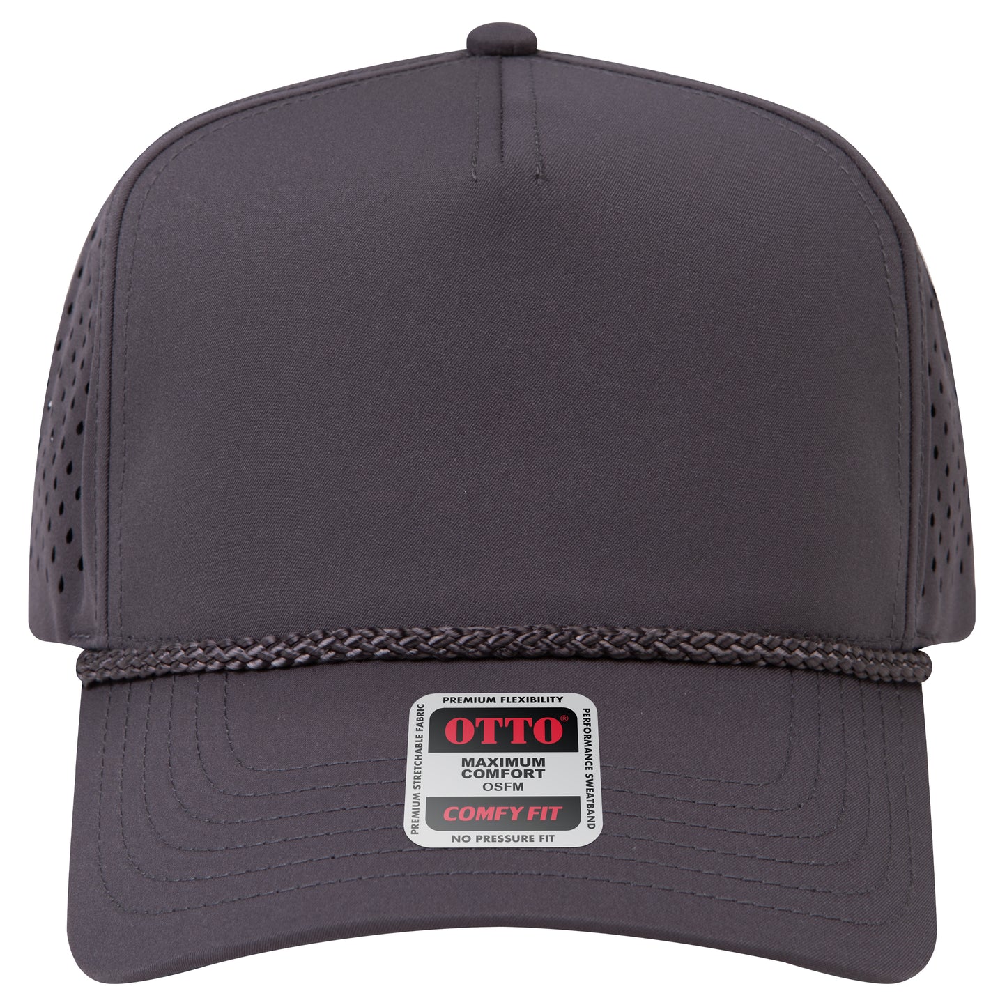 5-Panel Mid Profile Baseball Cap w/ Perforated — Stretch Comfort Fit — Custom Leather Patch in Char. Gr