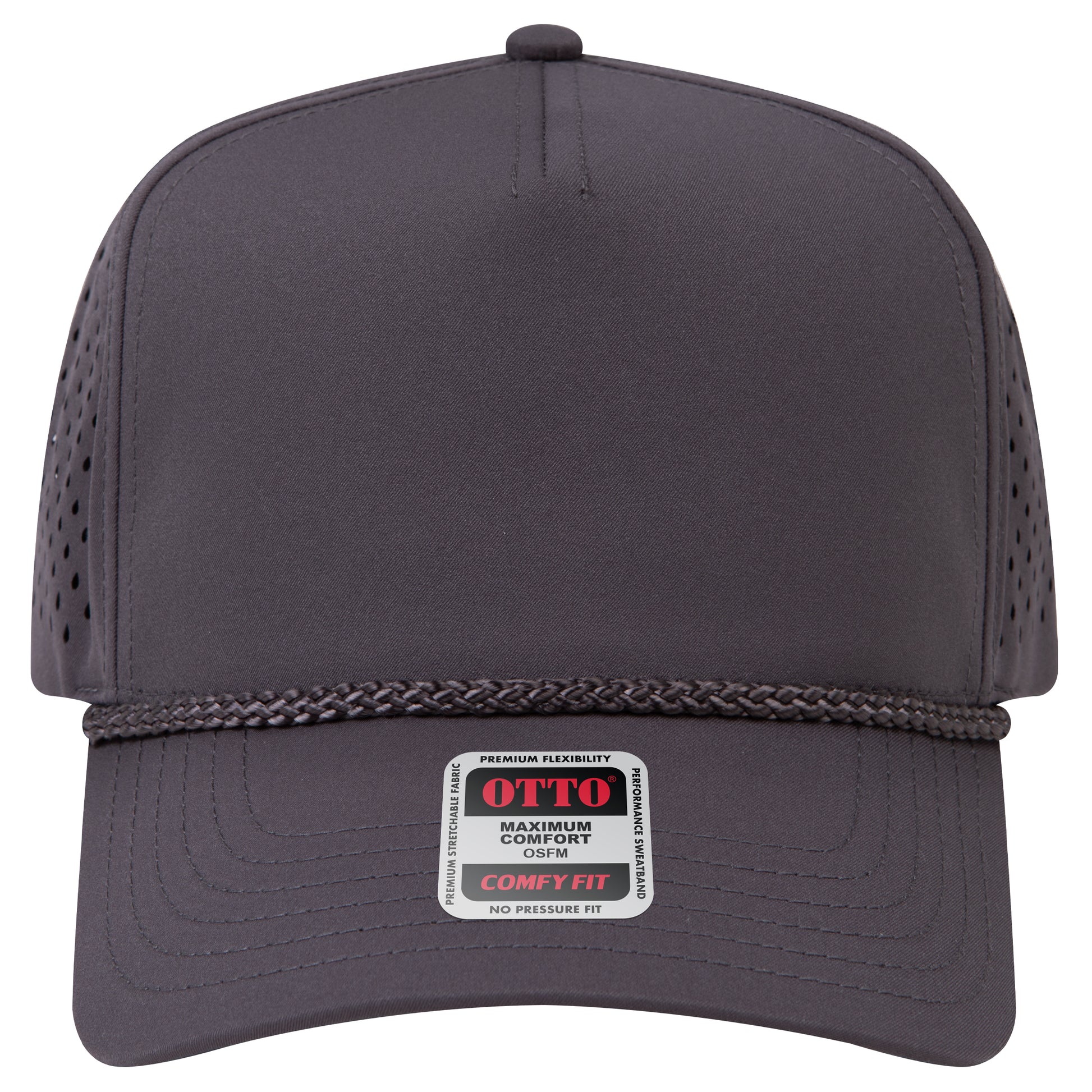 5-Panel Mid Profile Baseball Cap w/ Perforated — Stretch Comfort Fit — Custom Leather Patch in Char. Gr