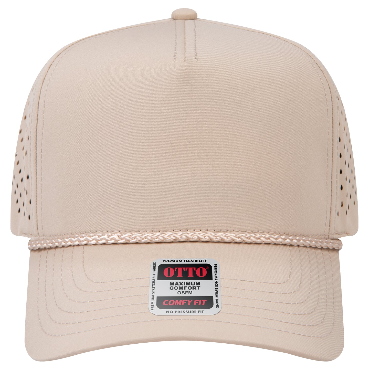 5-Panel Mid Profile Baseball Cap w/ Perforated — Stretch Comfort Fit — Custom Leather Patch in Khaki k n ay