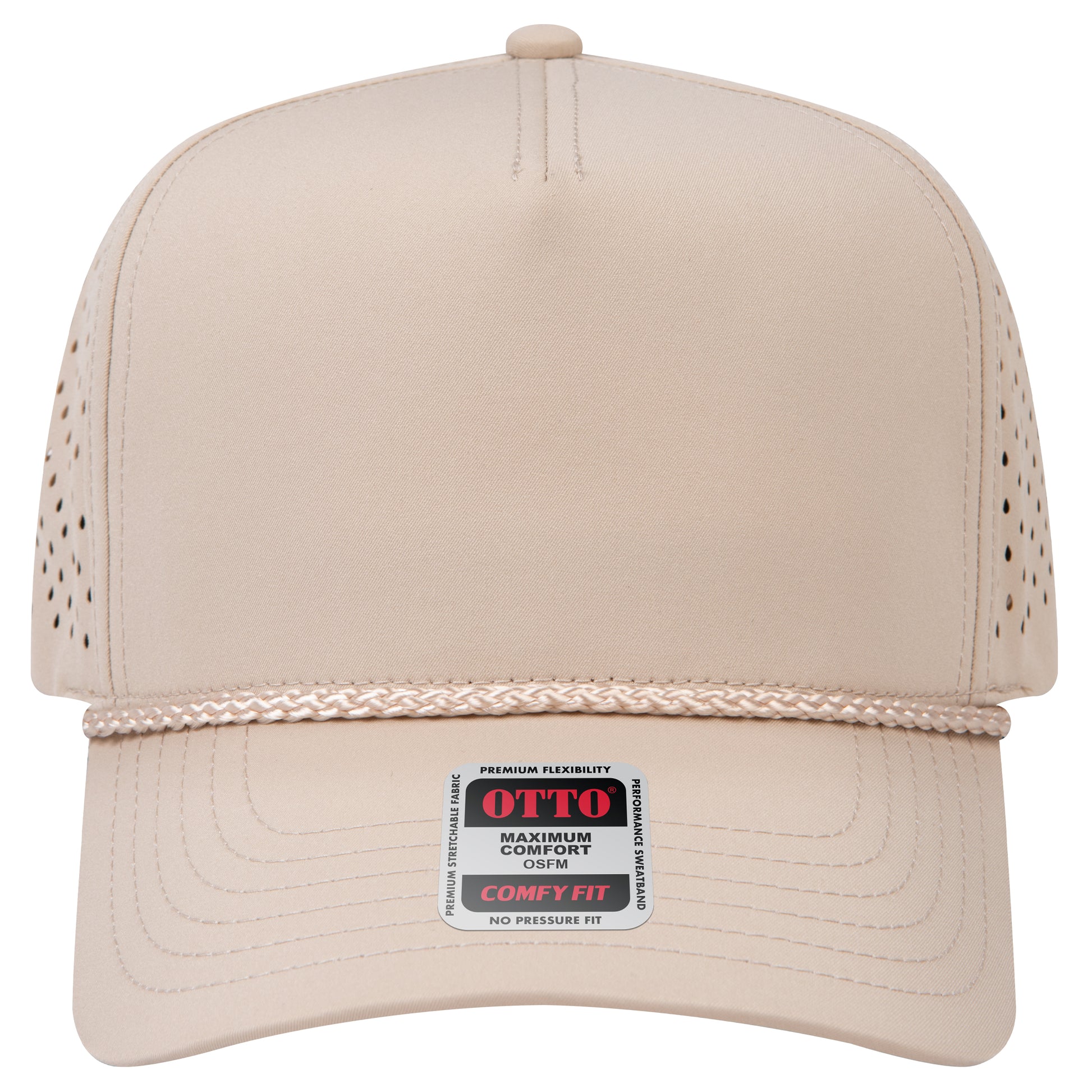 5-Panel Mid Profile Baseball Cap w/ Perforated — Stretch Comfort Fit — Custom Leather Patch in Khaki k n ay