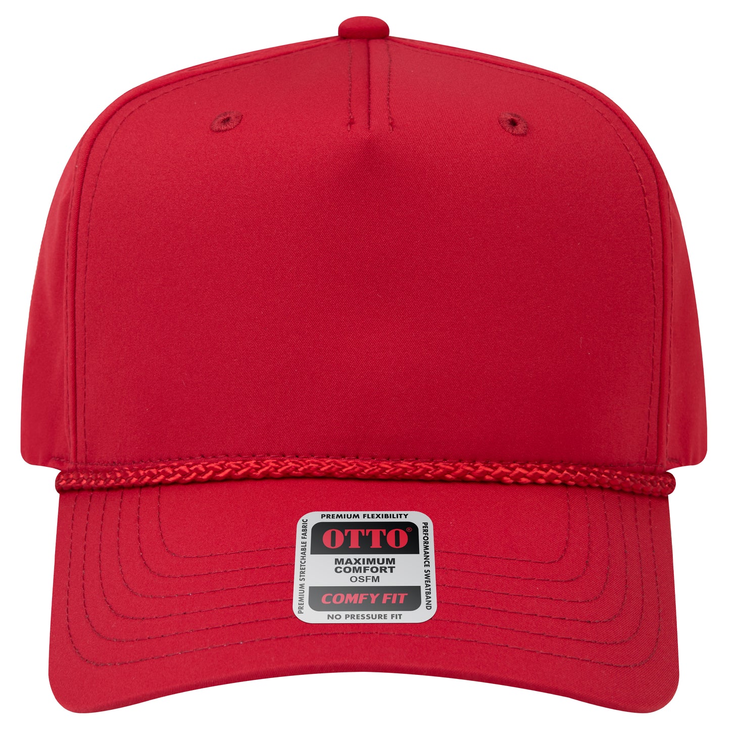 5-Panel Mid Profile Baseball Cap — Stretch Comfort Fit — Custom Leather Patch in Red