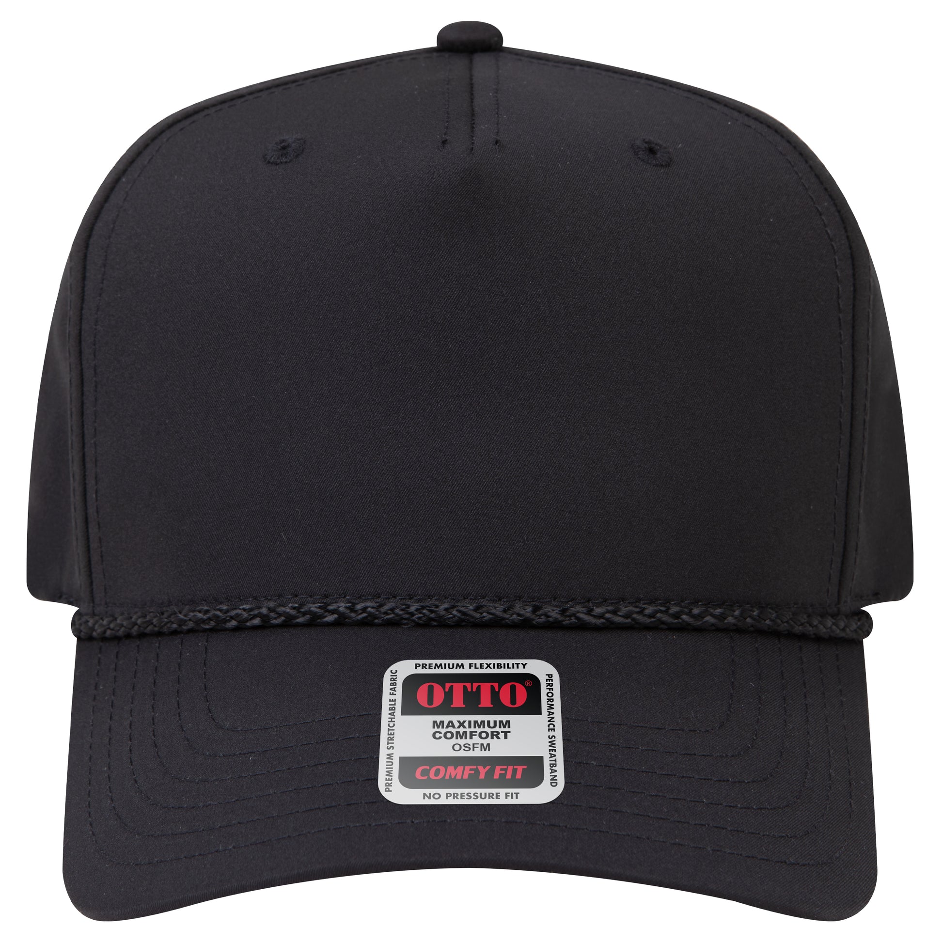 5-Panel Mid Profile Baseball Cap — Stretch Comfort Fit — Custom Leather Patch in Black