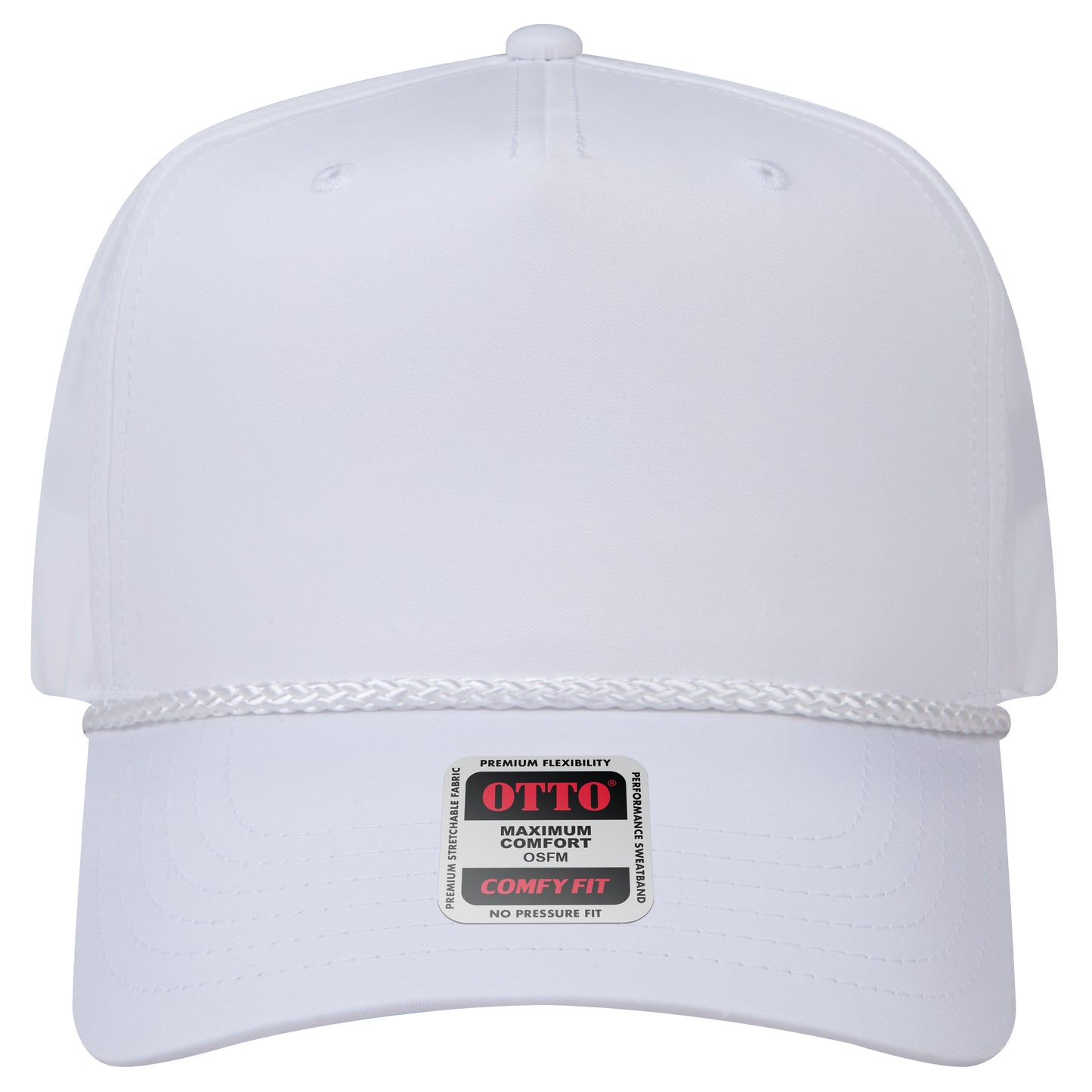 5-Panel Mid Profile Baseball Cap — Stretch Comfort Fit — Custom Leather Patch in White