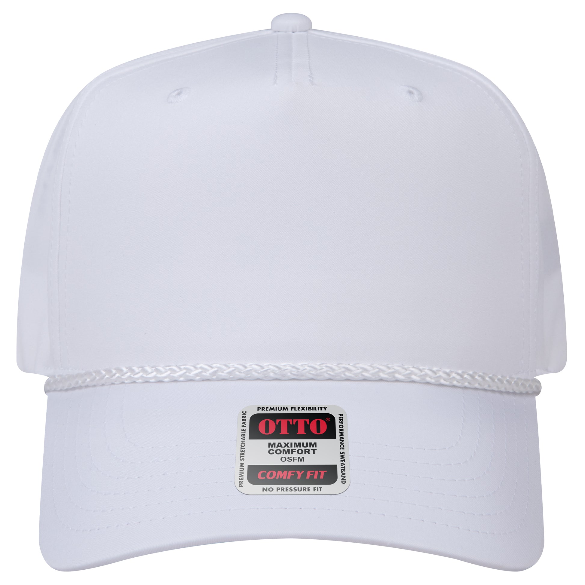 5-Panel Mid Profile Baseball Cap — Stretch Comfort Fit — Custom Leather Patch in White