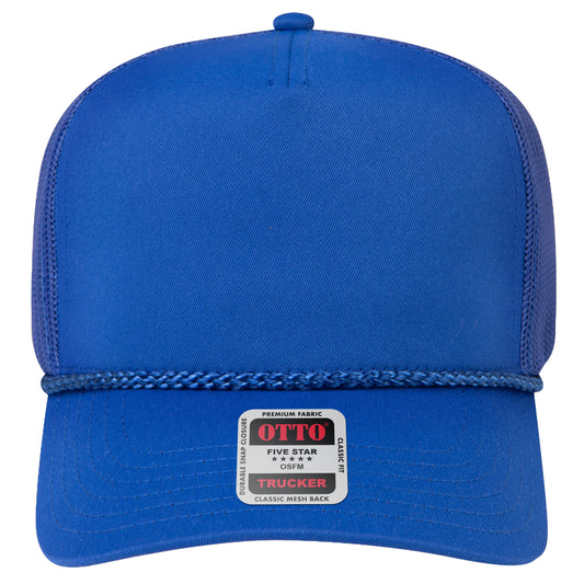 5-Panel Mid Profile Trucker Hat — Custom Leather Patch in Royal