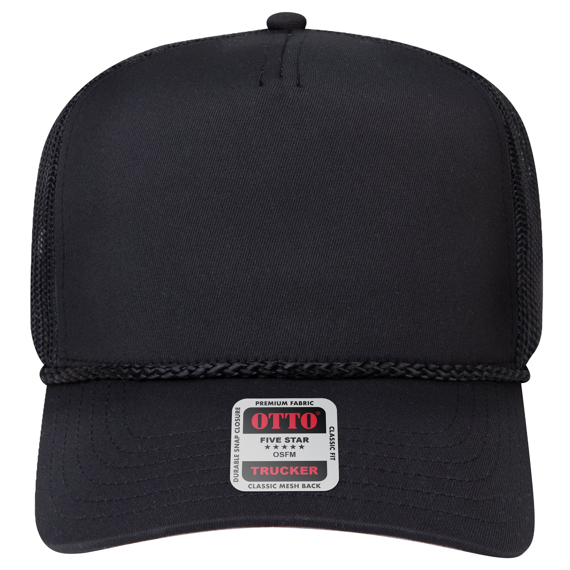 5-Panel Mid Profile Trucker Hat — Custom Leather Patch in Black