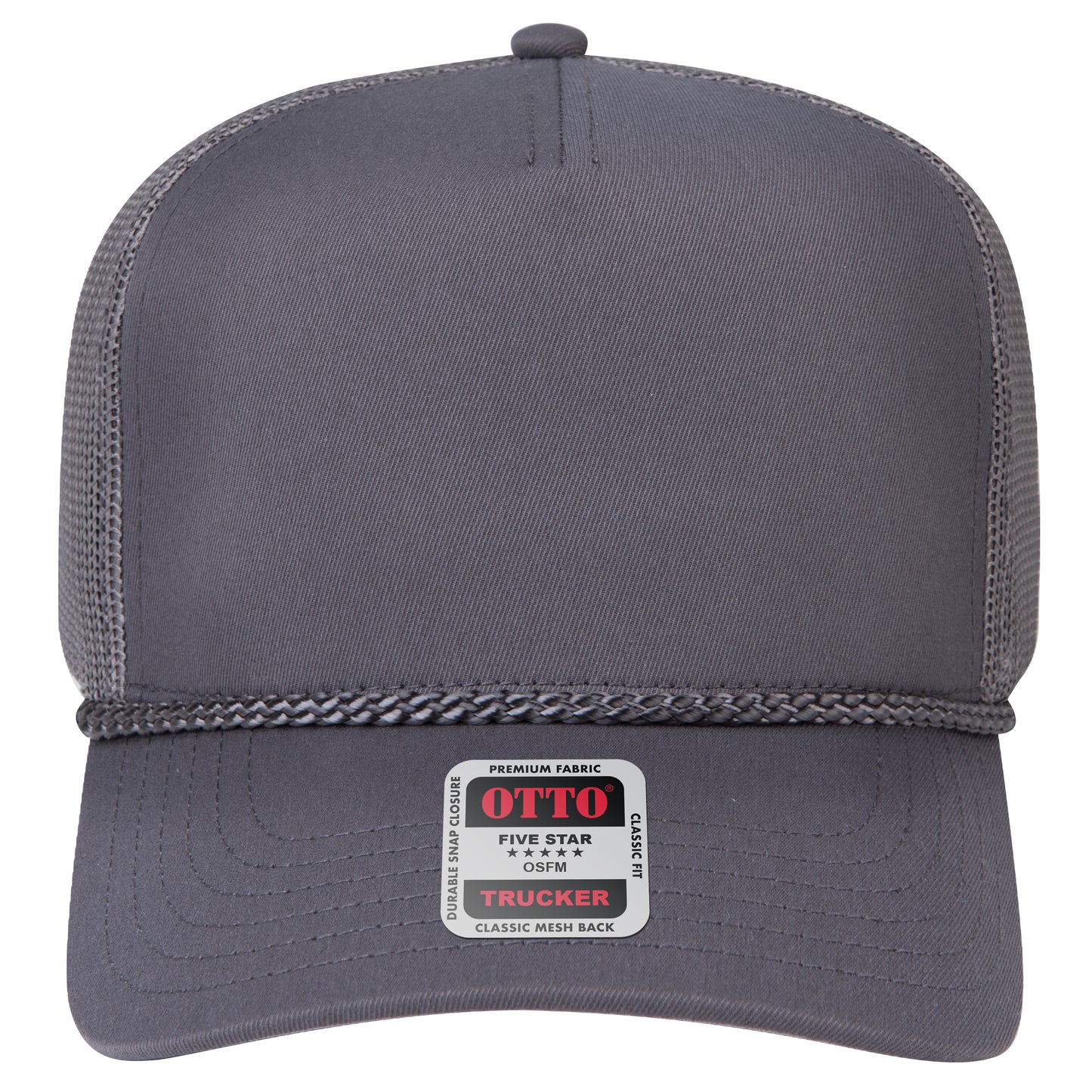 5-Panel Mid Profile Trucker Hat — Custom Leather Patch in Char. Gr