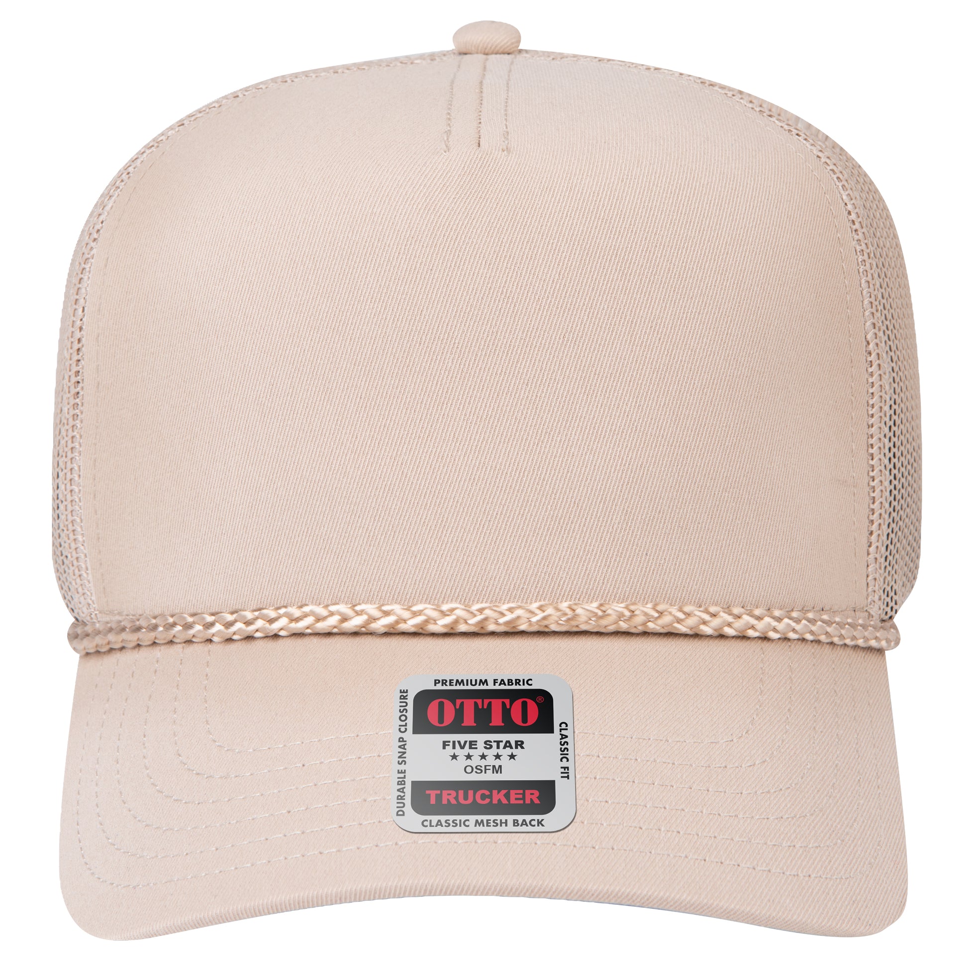 5-Panel Mid Profile Trucker Hat — Custom Leather Patch in Khaki