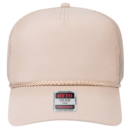 5-Panel Mid Profile Trucker Hat — Custom Leather Patch in Khaki