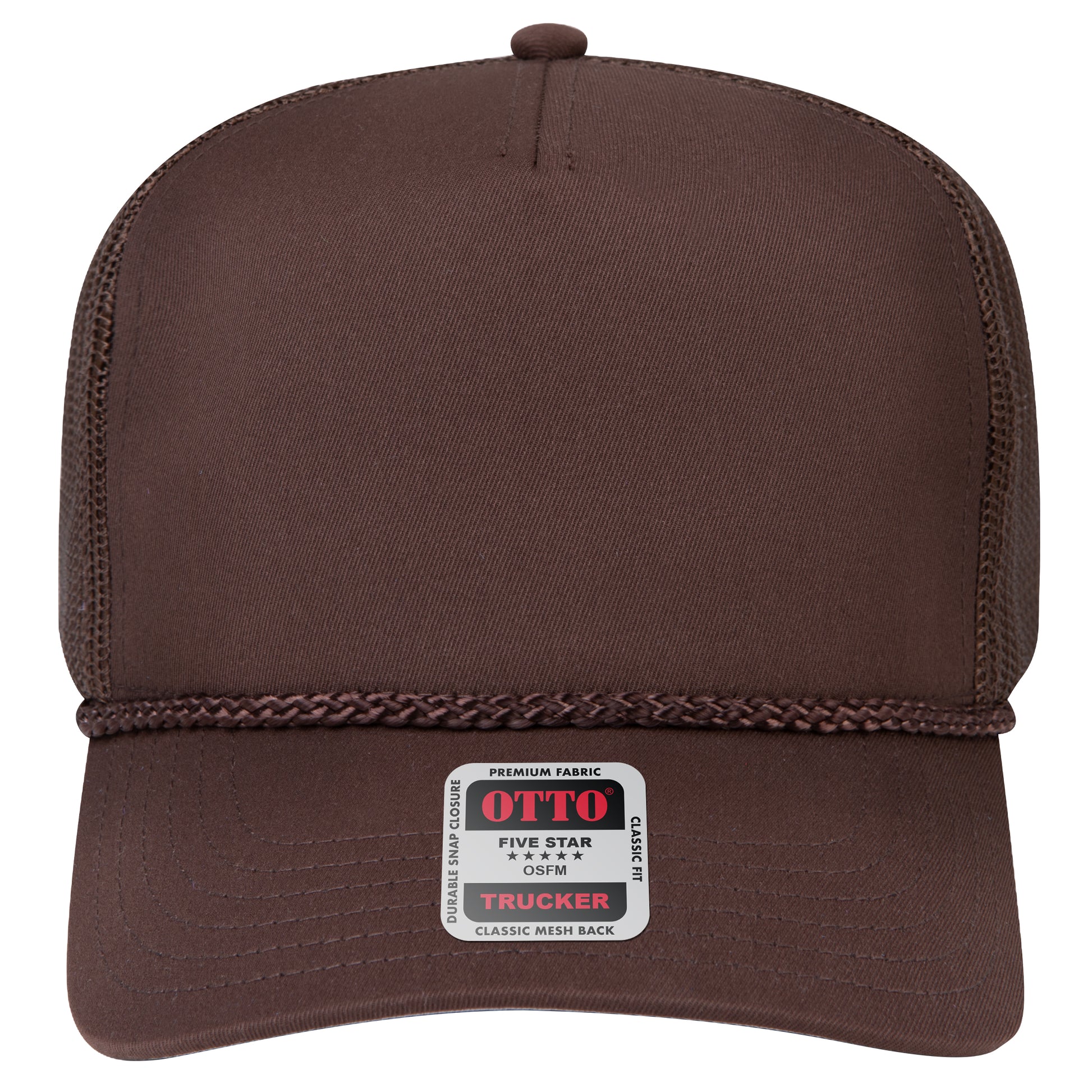 5-Panel Mid Profile Trucker Hat — Custom Leather Patch in Dk. Bro