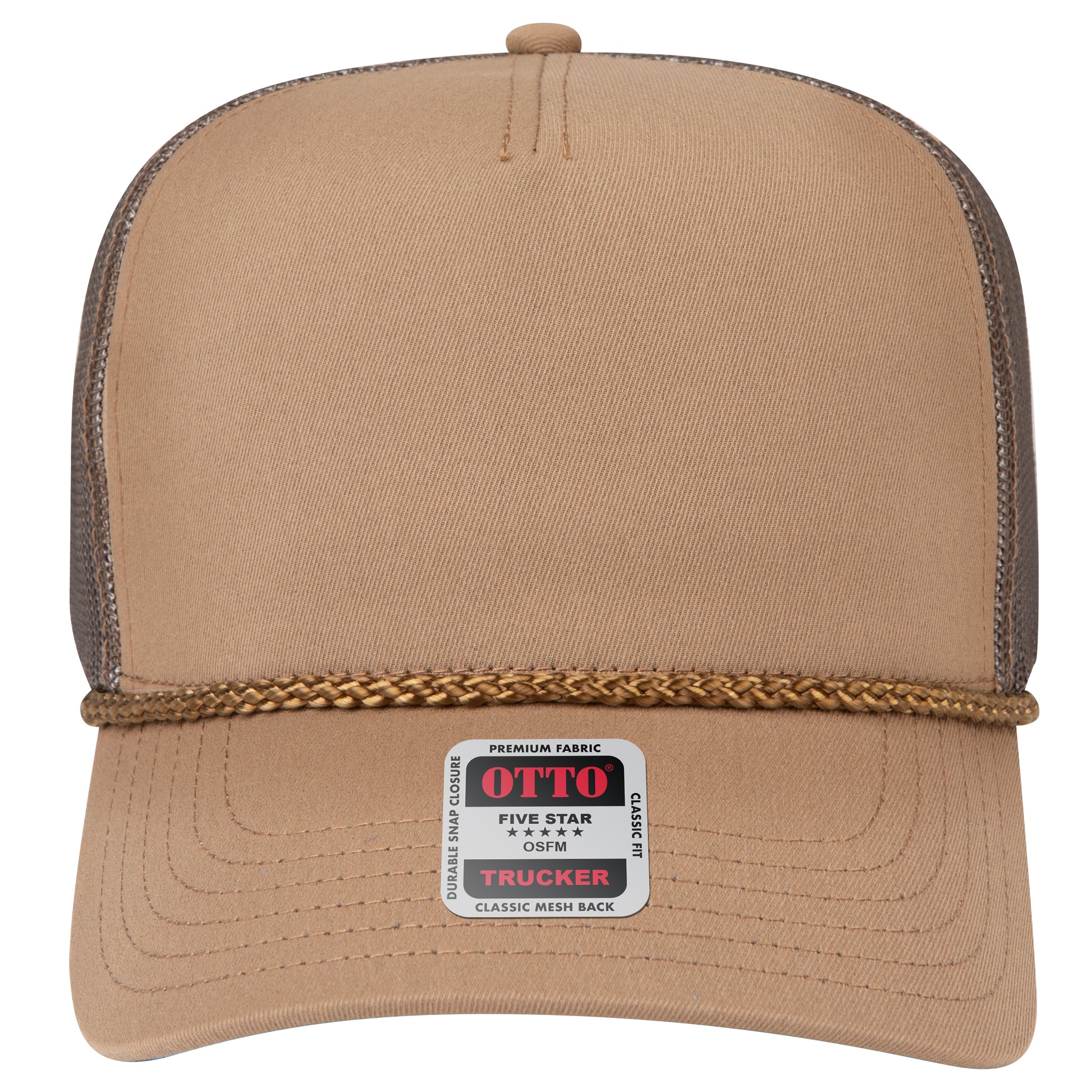 5-Panel Mid Profile Trucker Hat — Custom Leather Patch in Coyote ay wn Brown