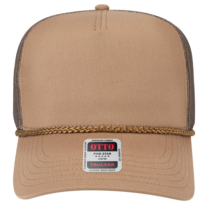 5-Panel Mid Profile Trucker Hat — Custom Leather Patch in Coyote ay wn Brown