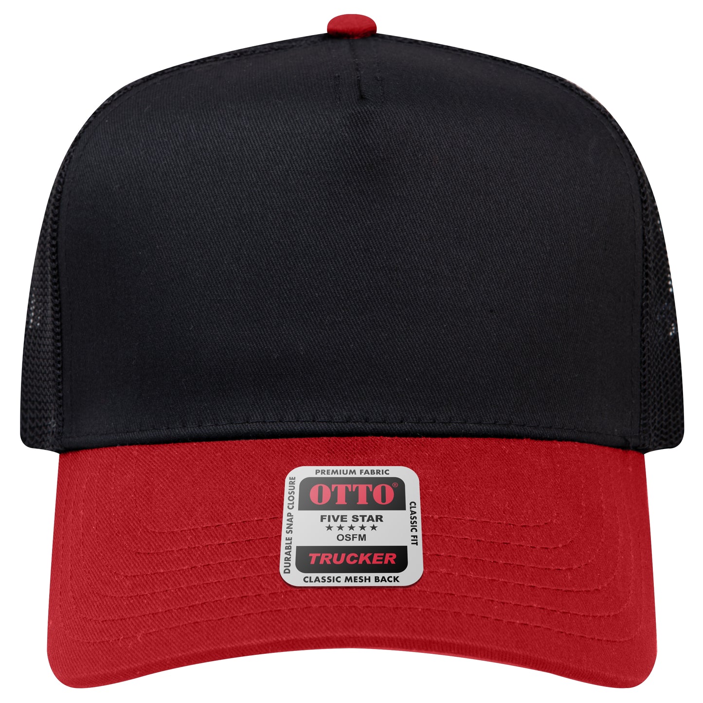 5-Panel Mid Profile Trucker Hat — Custom Leather Patch in Red/Bl
