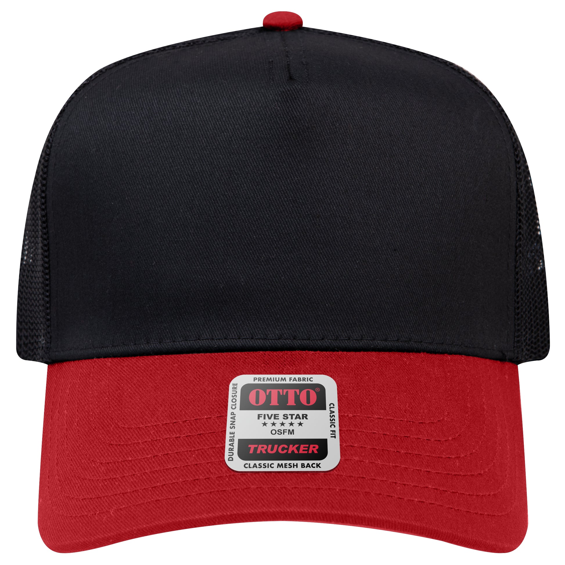 5-Panel Mid Profile Trucker Hat — Custom Leather Patch in Red/Bl