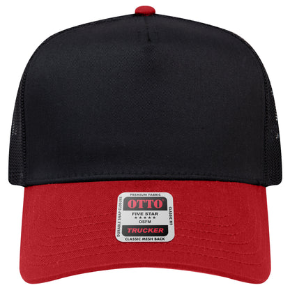 5-Panel Mid Profile Trucker Hat — Custom Leather Patch in Red/Bl