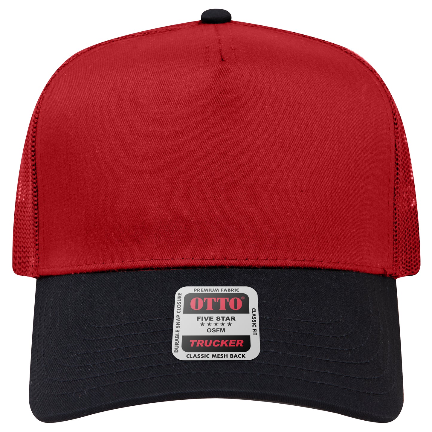 5-Panel Mid Profile Trucker Hat — Custom Leather Patch in Blk/Re