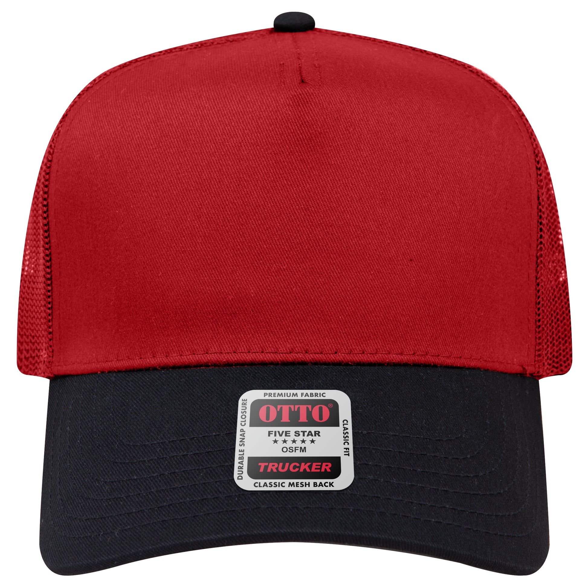 5-Panel Mid Profile Trucker Hat — Custom Leather Patch in Blk/Re