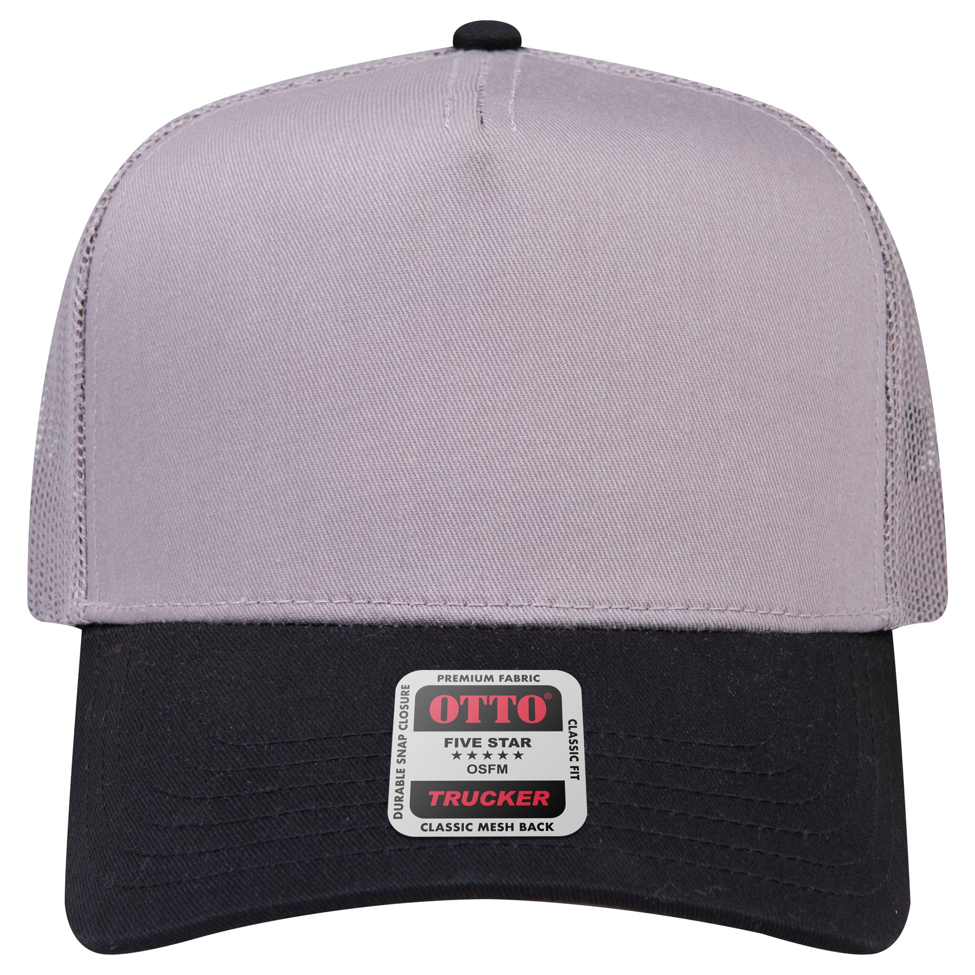 5-Panel Mid Profile Trucker Hat — Custom Leather Patch in Blk/Gry