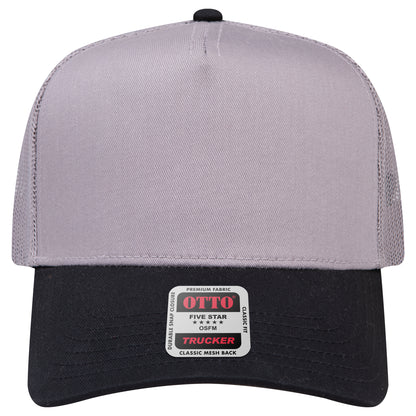 5-Panel Mid Profile Trucker Hat — Custom Leather Patch in Blk/Gry