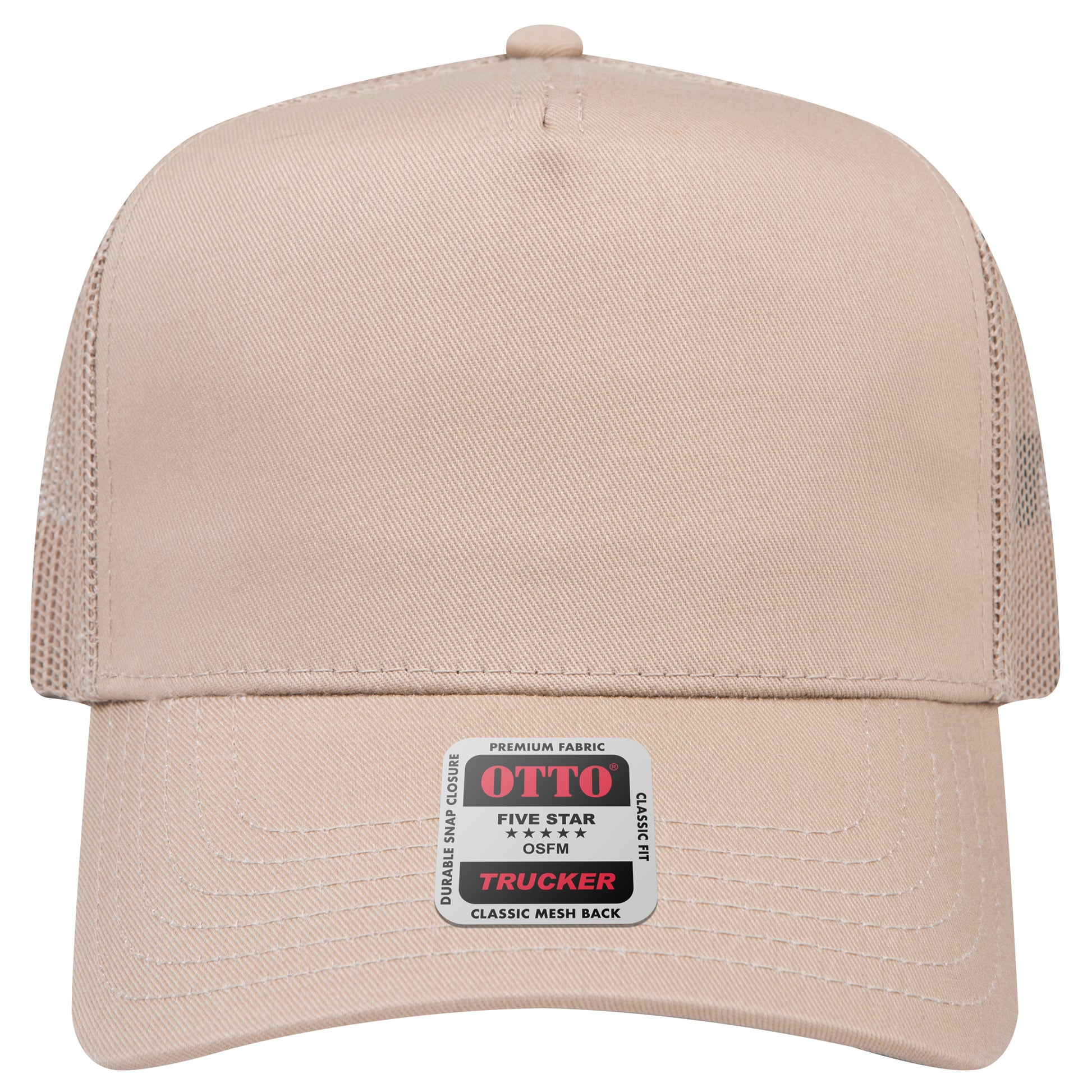 5-Panel Mid Profile Trucker Hat — Custom Leather Patch in Khaki Crown Split