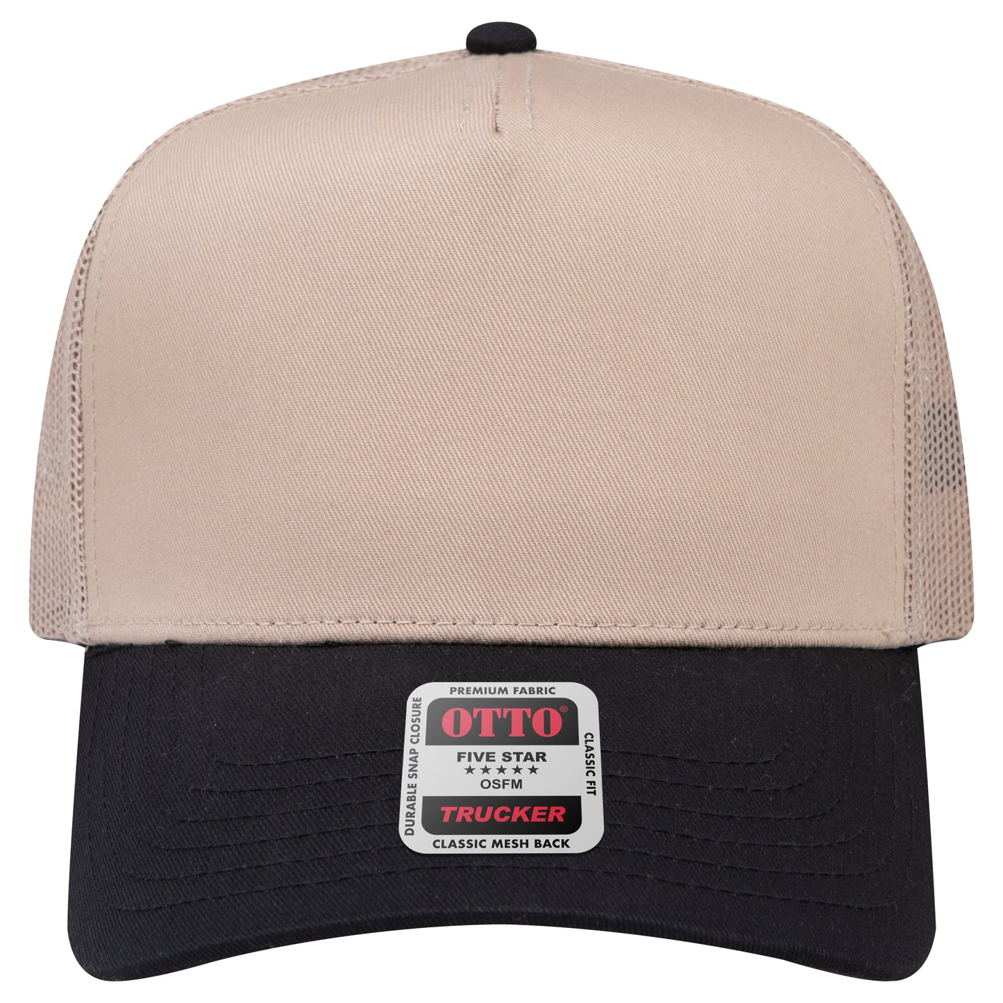 5-Panel Mid Profile Trucker Hat — Custom Leather Patch in Blk/Kh