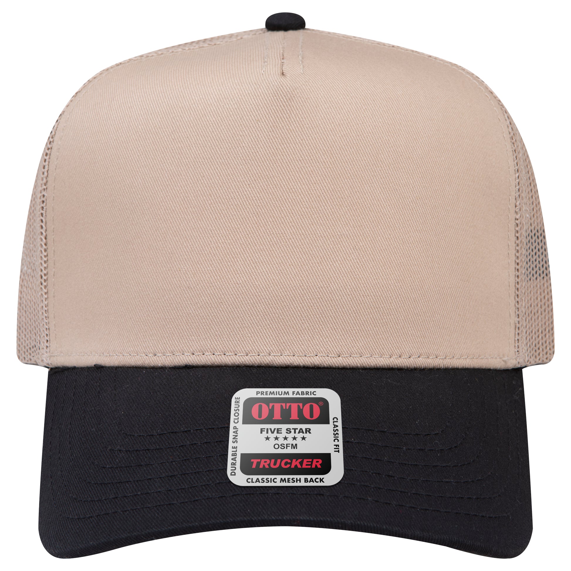 5-Panel Mid Profile Trucker Hat — Custom Leather Patch in Blk/Kh
