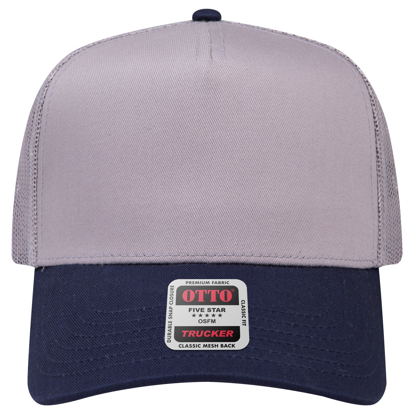 5-Panel Mid Profile Trucker Hat — Custom Leather Patch in Nvy/Gr
