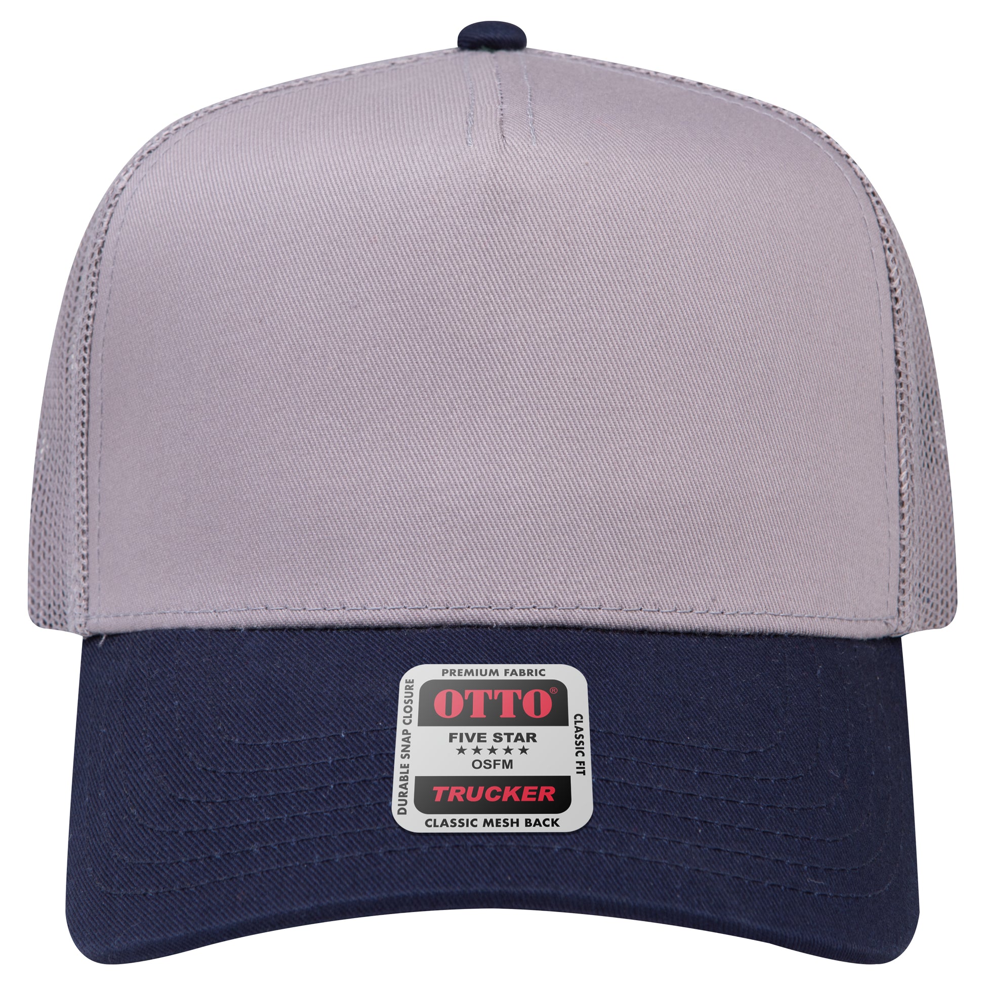 5-Panel Mid Profile Trucker Hat — Custom Leather Patch in Nvy/Gr