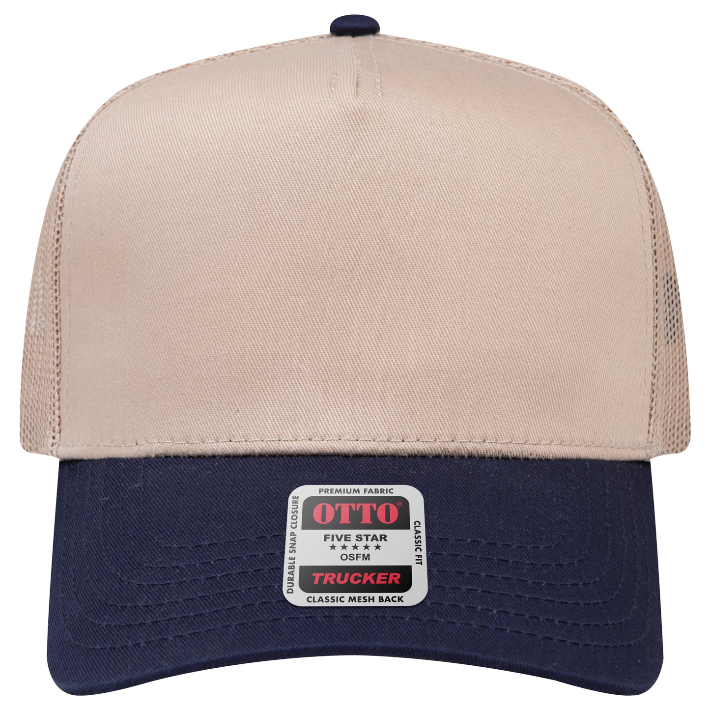 5-Panel Mid Profile Trucker Hat — Custom Leather Patch in Nvy/Kh