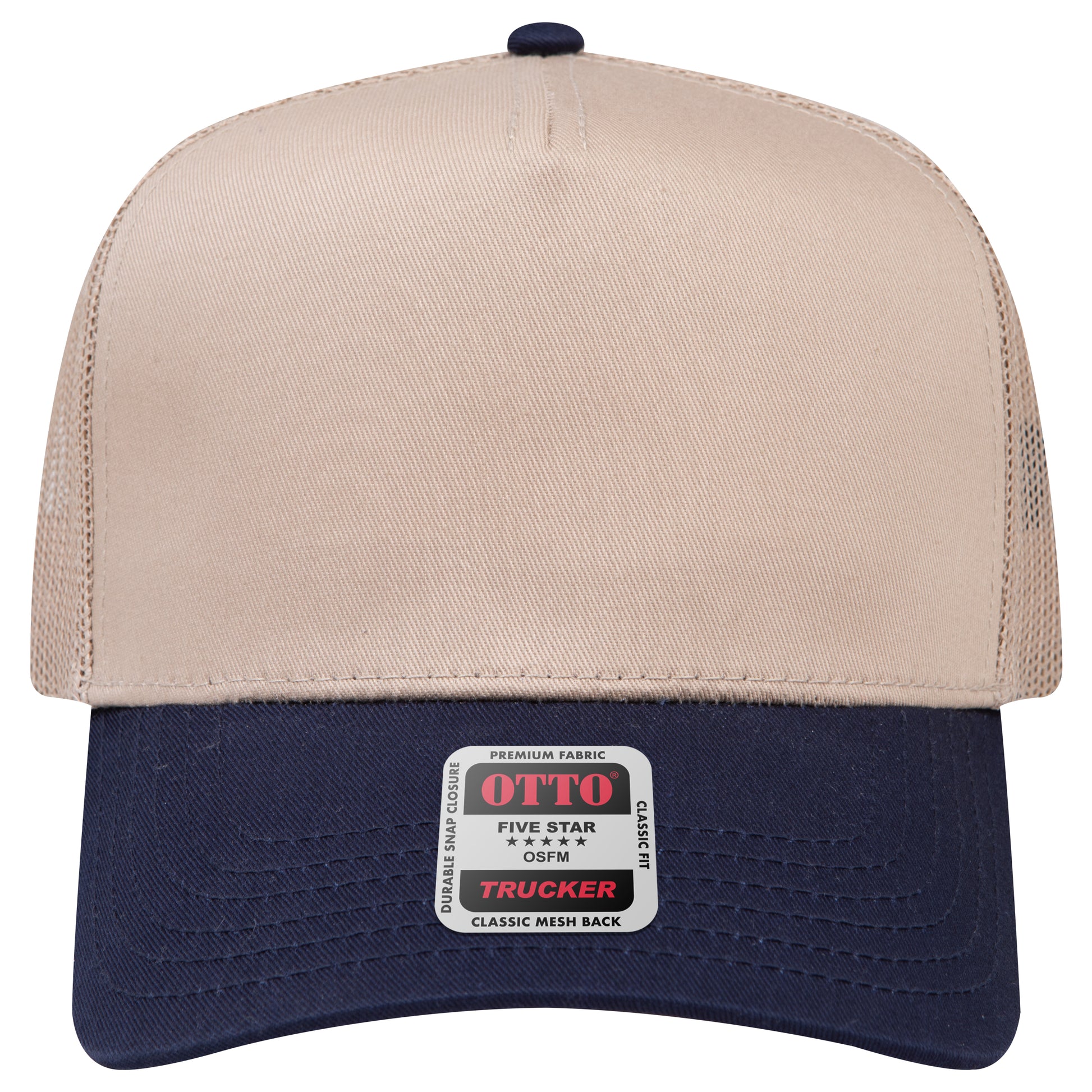 5-Panel Mid Profile Trucker Hat — Custom Leather Patch in Nvy/Kh