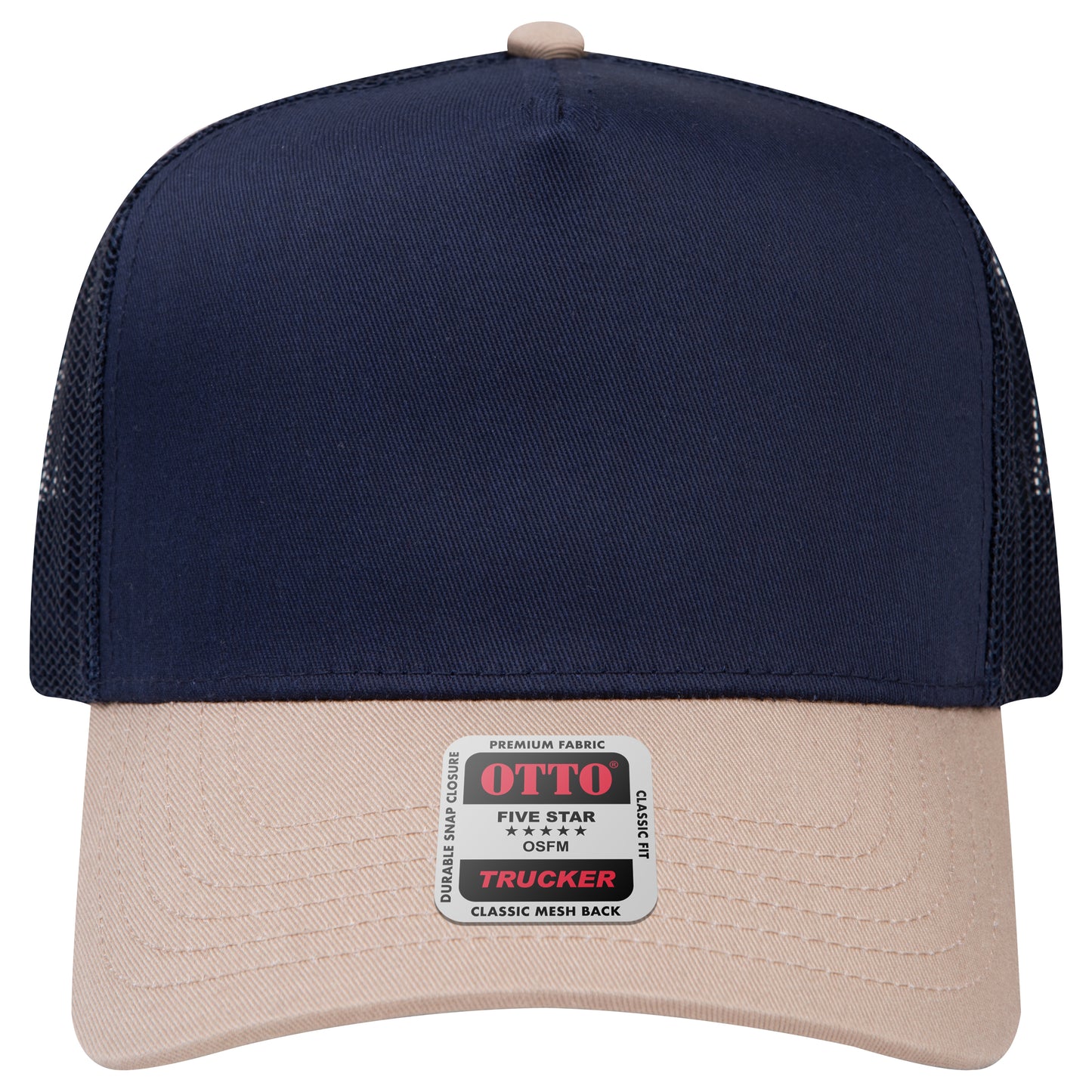 5-Panel Mid Profile Trucker Hat — Custom Leather Patch in Kha/Nv k d a y a /Kha y Neon Solids