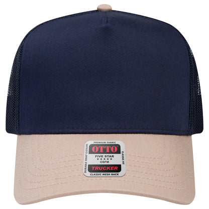 5-Panel Mid Profile Trucker Hat — Custom Leather Patch in Kha/Nv k d a y a /Kha y Neon Solids