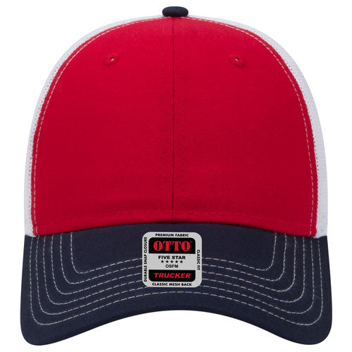 6-Panel Low Profile Mesh Back Trucker Hat — Tri-Color (Adult)