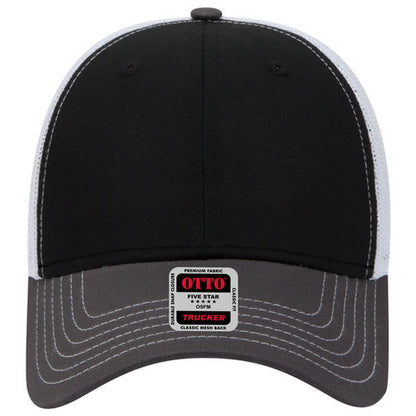 6-Panel Low Profile Mesh Back Trucker Hat — Tri-Color (Adult)