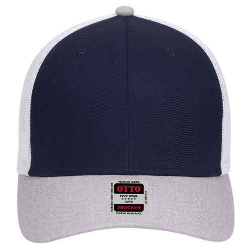 6-Panel Low Profile Mesh Back Trucker Hat — Tri-Color (Adult)