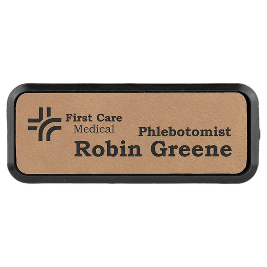 Light Brown 3" x 1" Laserable Leatherette Round Corner Badge & Frame