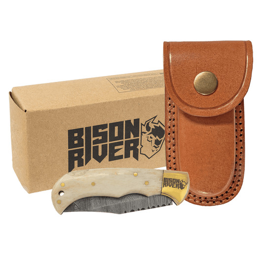 Bison River 3 3/4" Bone Folding Knife with Damascus Steel Blade and Leather Sheath