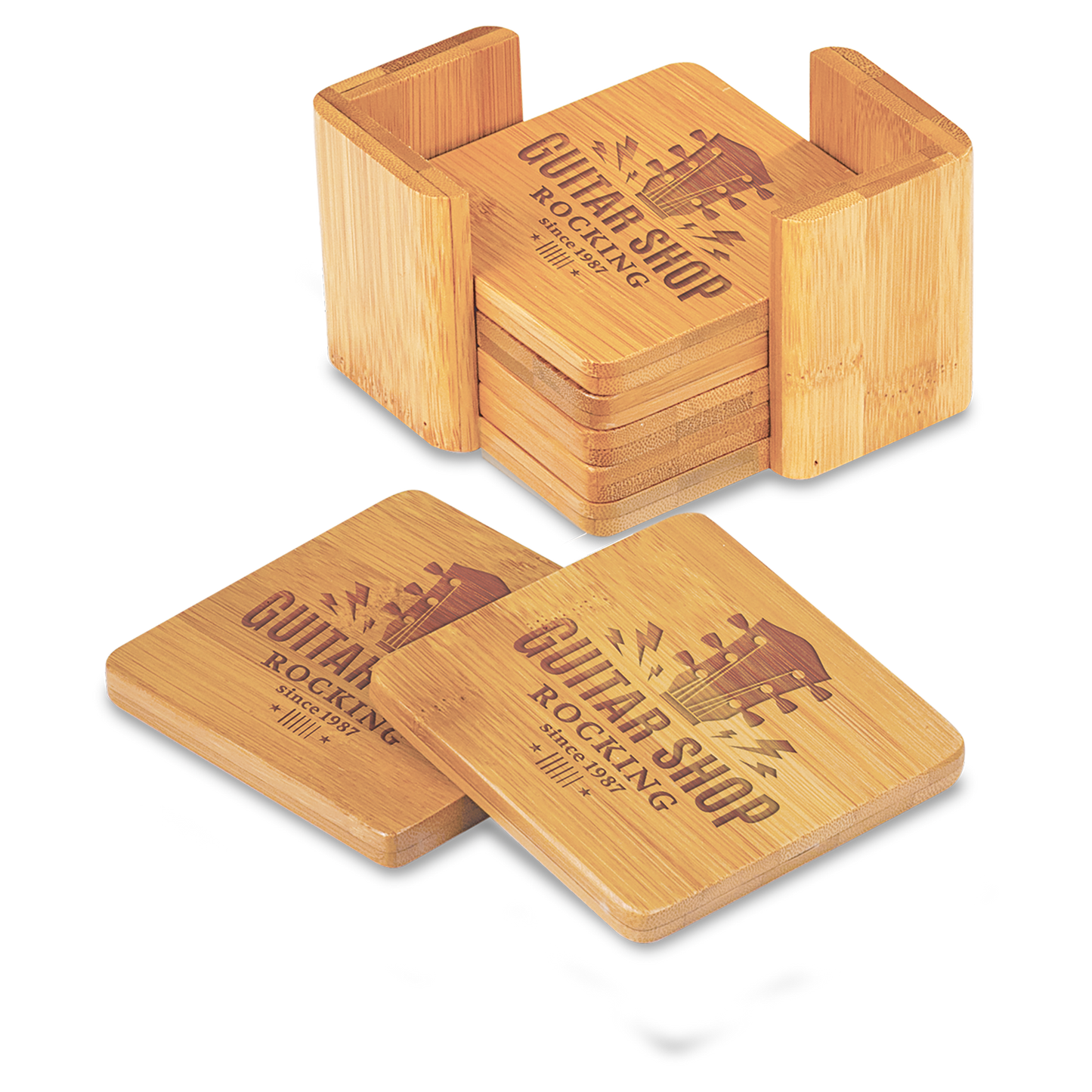 Laser Engraved Bamboo 6-Coaster Set with Holder