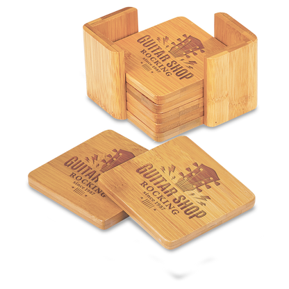 Laser Engraved Bamboo 6-Coaster Set with Holder